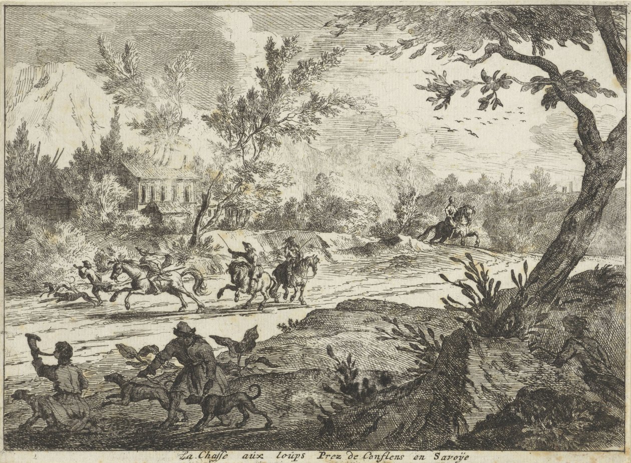 Lov vlků v Conflans, Savoie La Chasse aux Loups Prez de Conflans en Savoije (název na objektu) Faces in Savoie (název série) od Jan Vincentsz. van der Vinne