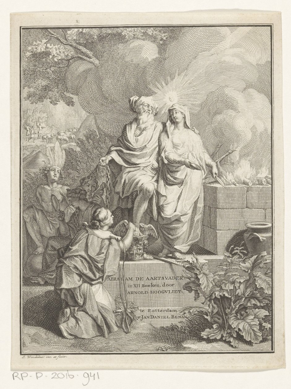 Alegorický titulní list s patriarchou Abrahamem a Pravdou Titulní strana pro: Arnold Hoogvliet, Abraham patriarcha, v XII Boeken, 1728 od Jan Wandelaar