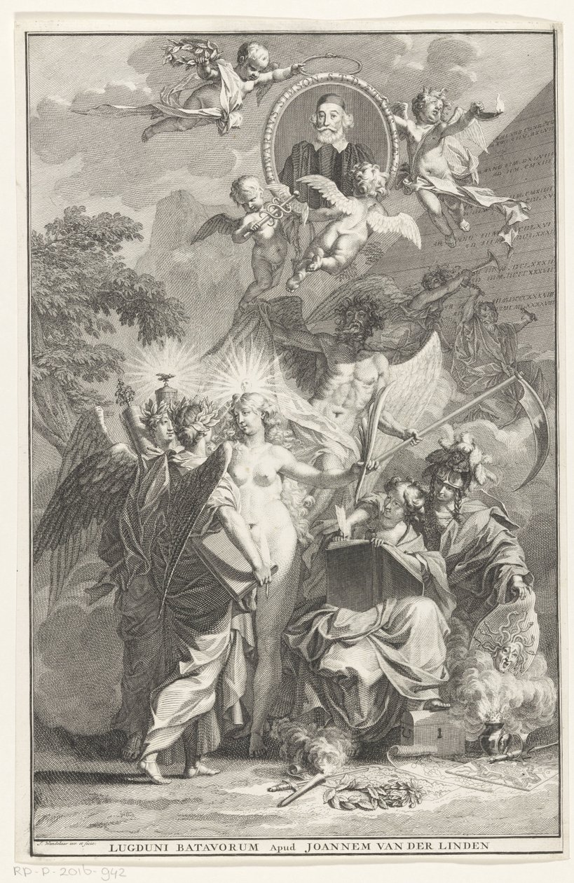 Alegorický titulní list s portrétem spisovatele Edwarda Simsona Titulní strana pro: Edward Simson, Chronicon historiam catholicam complectens, 1729 od Jan Wandelaar