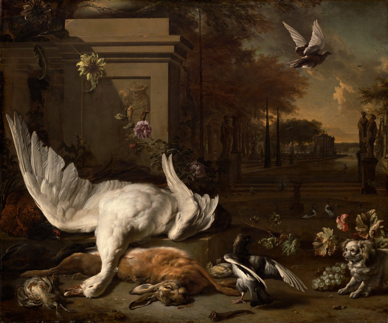 Zátiší s labutí a hra před venkovským statkem, c. 1685. od Jan Baptist Weenix