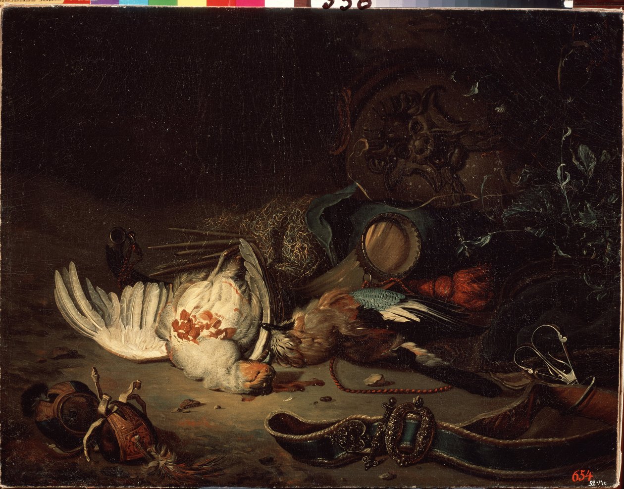 Lovecké trofeje. Obraz Jana Weenixe mladšího (1642-1719). Olej na plátně, konec 17.-začátek 18. století. Nizozemské umění, barokní styl. Státní skanzen Peterhof, Petrohrad. od Jan Baptist Weenix
