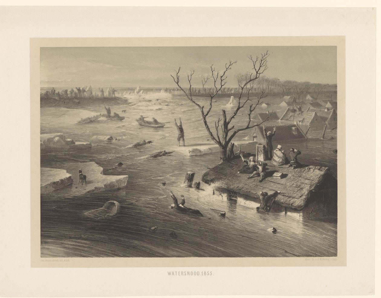 Protržení hráze a zaplavené farmy zaplavit. 1855 (název na objektu) od Jan Weissenbruch