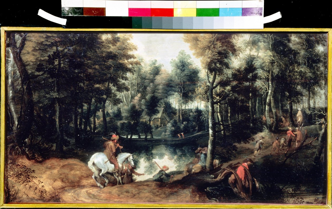 Jezdci v lese. Obraz Jana Wildense (1586-1653). Olej na dřevě, 32,5 x 59,3 cm, kolem roku 1620. Vlámské umění 16.-18. století. Puškinovo muzeum výtvarných umění, Moskva. od Jan Wildens