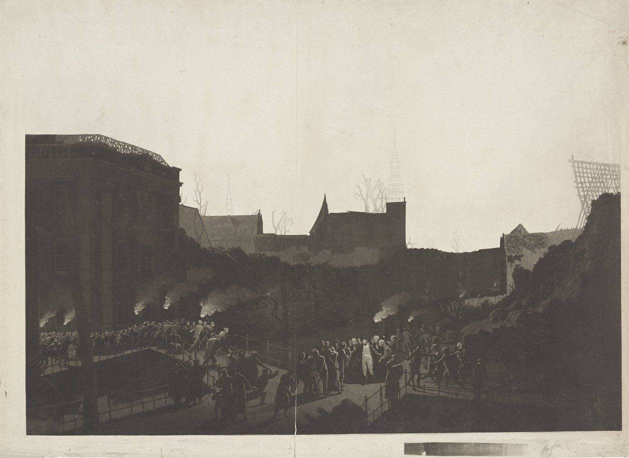 Lodewijk Napoleon navštíví ruiny na Rapenburgu v Leidenu po explozi lodi se střelným prachem 12. ledna 1807 od Jan Willem Pieneman