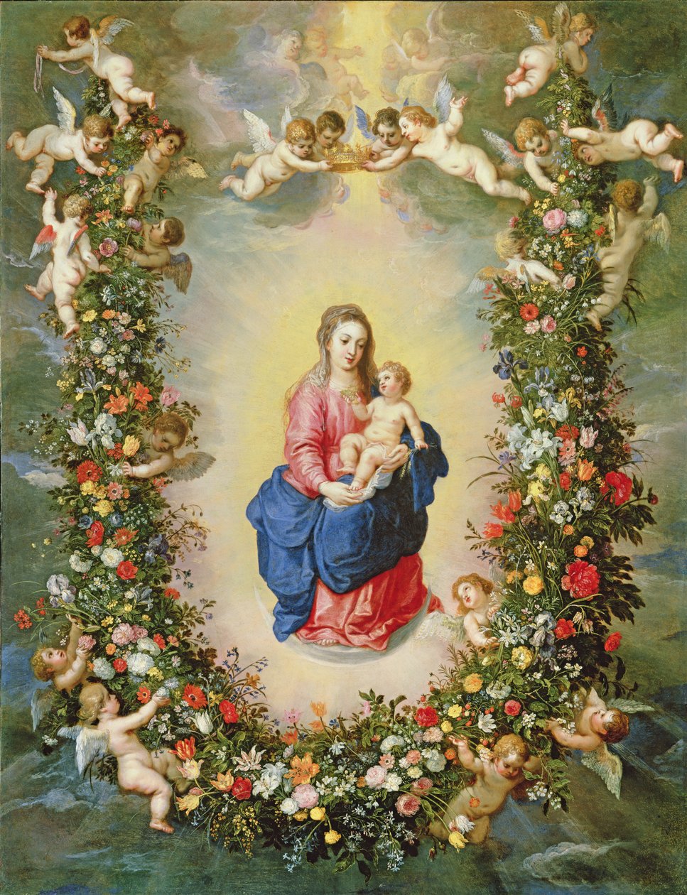 Panna s dítětem obklopená květinovým věncem, který drží cherubíni, asi 1624 (olej na mědi) od Jan and Balen, Hendrik van Brueghel
