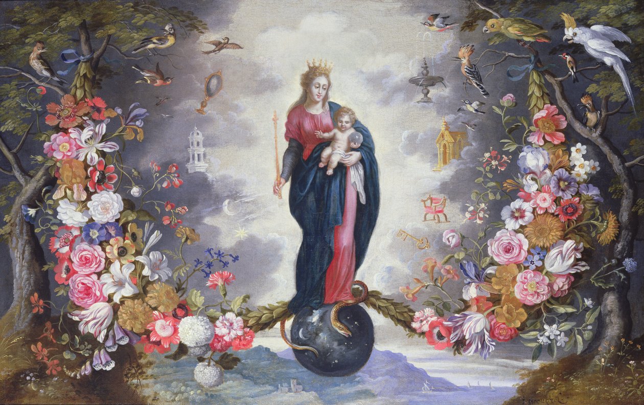 Panna a dítě obklopené girlandou od Jan and Balen, Hendrik van Brueghel