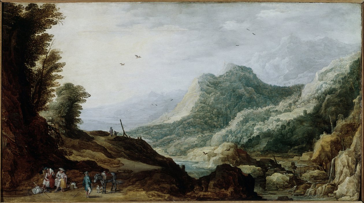Horská krajina s rolnickou rodinou u cesty (malba, asi 1620-1630) od Jan and Momper Joos de  Brueghel