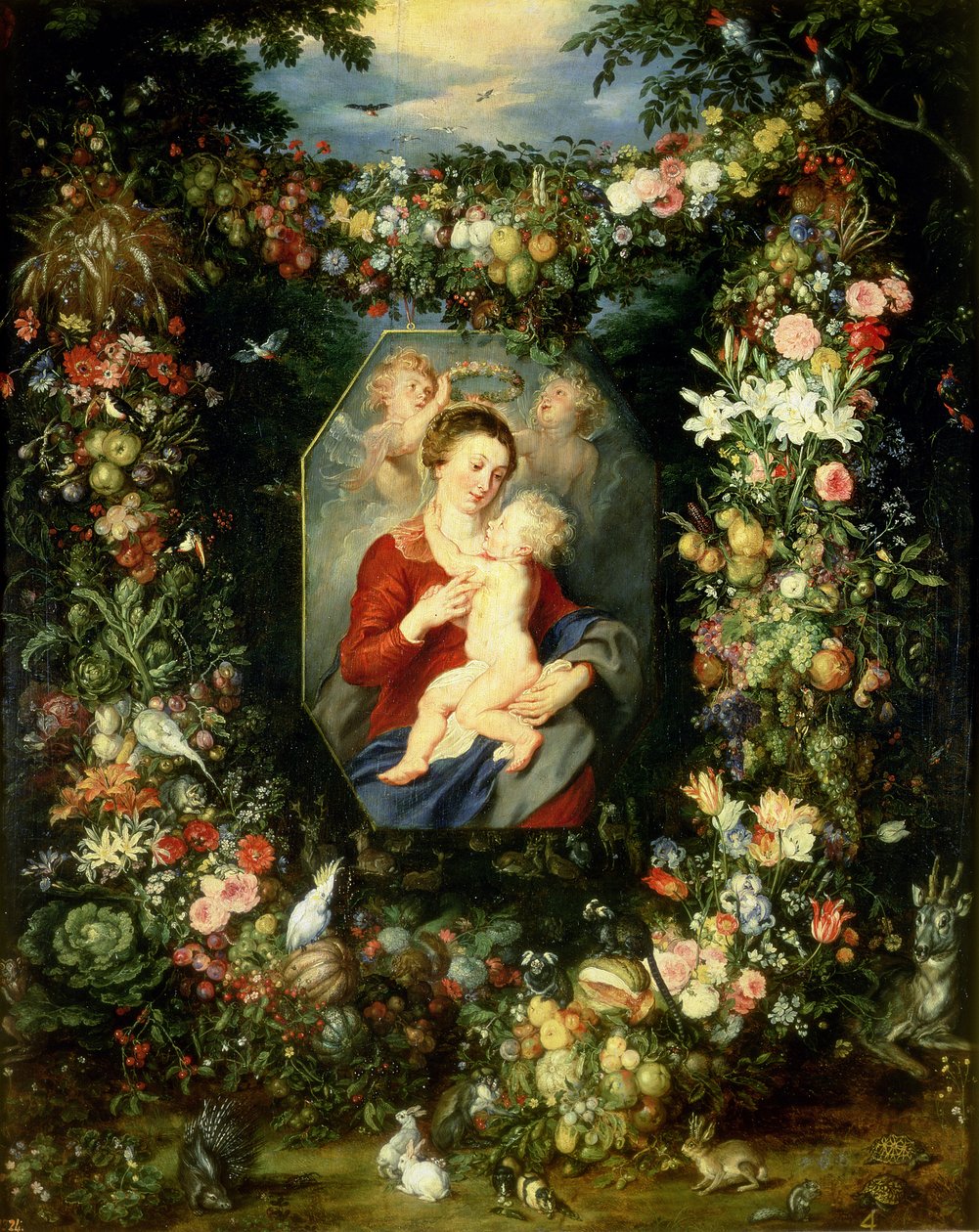 Panna a dítě v girlandě z ovoce a květin, c.1614-18 od Jan and Rubens, P.P. Brueghel
