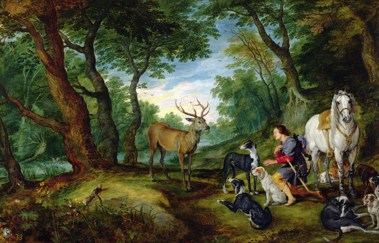 Vidění sv. Huberta, kolem roku 1620 od Jan and Rubens, P.P. Brueghel