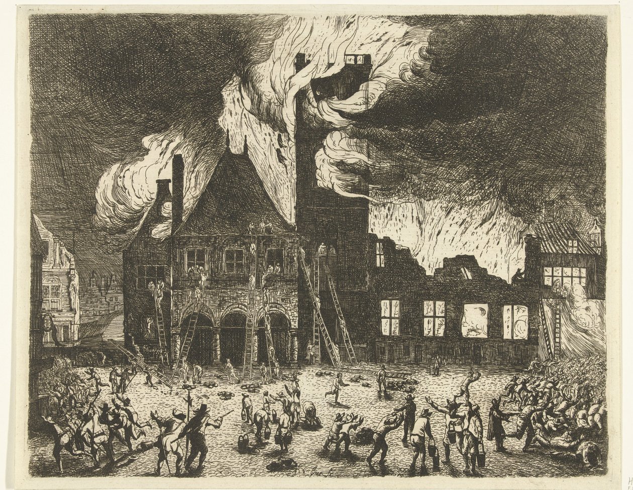Požár staré radnice v Amsterdamu, 1652 Zobrazení starých Stadthuyů vypálených do Amsterdamu 7. července 1652 od Jan de Baen