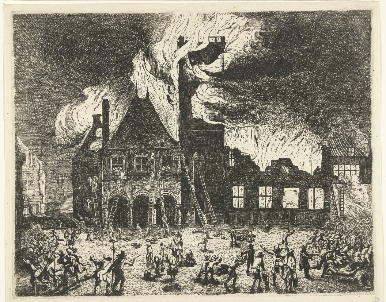 Požár staré radnice v Amsterdamu, 1652 Vyobrazení starých Stadthuyů upálených v Amsterdamu 7. července 1652 od Jan de Baen