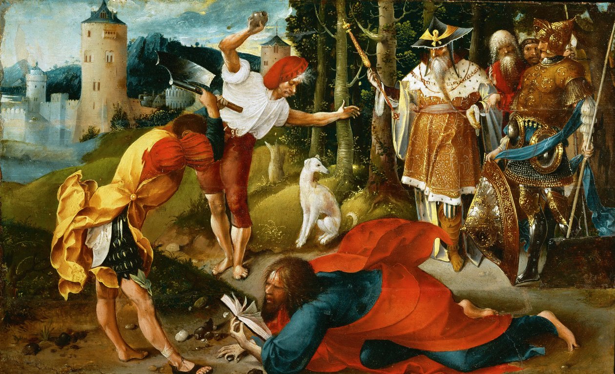 Le martyr de saint Mathias - Umučení svatého Matyáše, De Beer, Jan (asi 1475-1528). Olej na dřevě, cca 1510-1515. Rozměr: 25,4 x 41,5 cm. Uměleckohistorické muzeum, Vienne od Jan de Beer