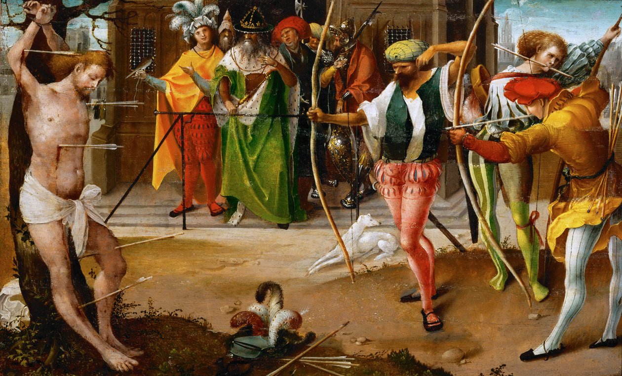 Umučení svatého Šebestiána - Jan De Beer (asi 1475-1528). Olej na dřevě, c. 1510. Rozměr : 25,5x41,5 cm. Uměleckohistorické muzeum, Vienne od Jan de Beer