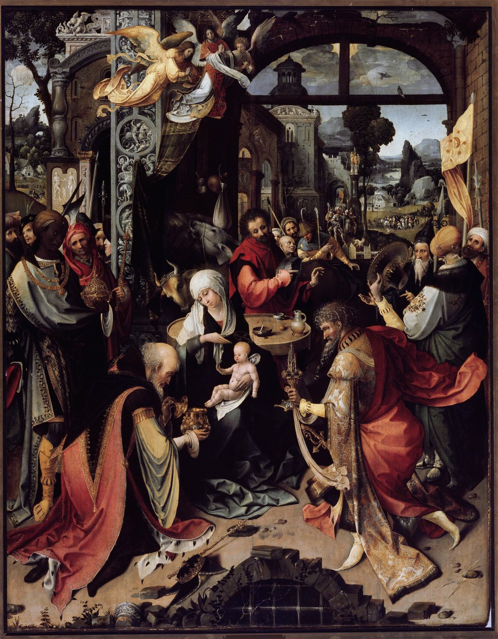 Klanění mágů (střední panel) (olej na panelu, cca 1520) od Jan de Beer