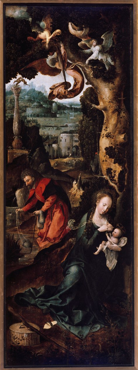 Triptych Klanění tří králů, nativite a odpočinek během letu do Egypta Detail levého panelu představujícího odpočinek během letu do Egypta od Jan de Beer