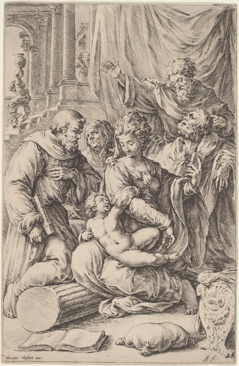Svatá rodina se svatými od Jan de Bisschop, after Giorgio Vasari