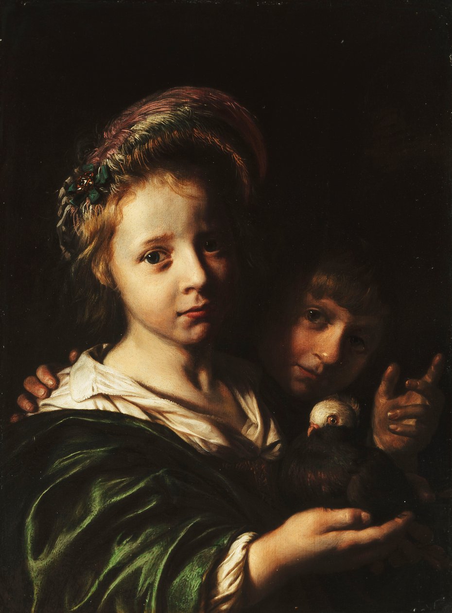 Dívka drží holuba a chlapce gestikulují, 1652 od Jan de Bray