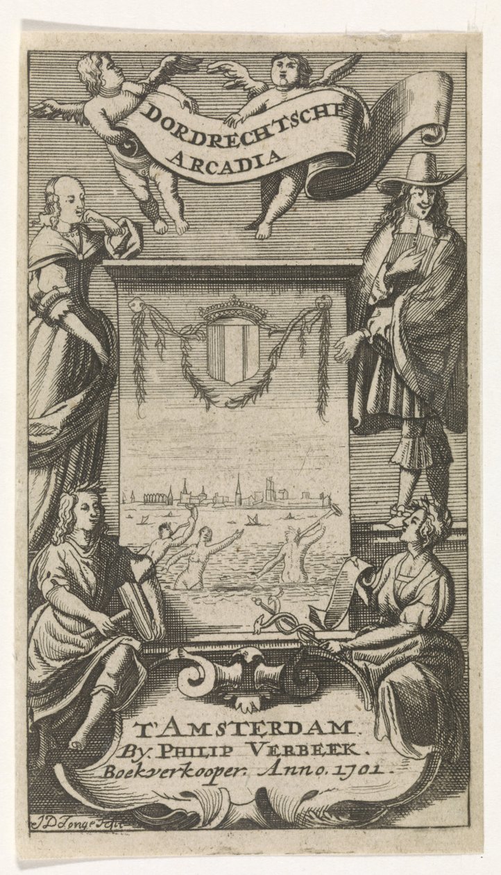Čtyři postavy kolem rámu s výhledem na Dordrecht Titulní strana pro: Dordrechtsche Arcadia, 1701 od Jan de Jonge