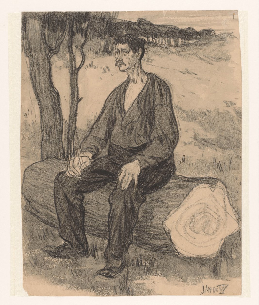 Muž sedící na kmeni stromu od Jan de Waardt (signed by artist)