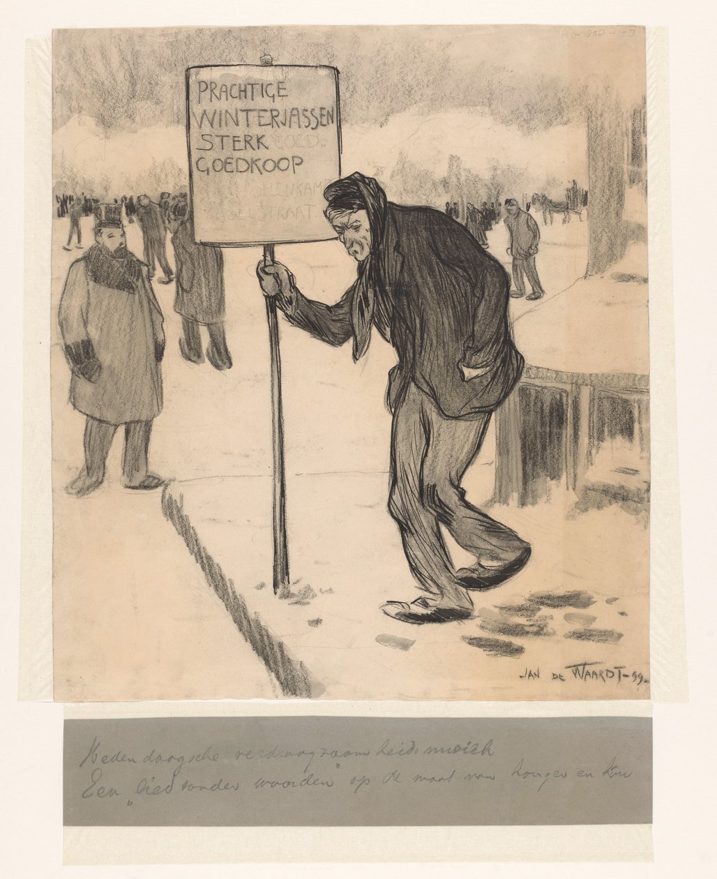 Pouliční prodavač s nápisem Krásné zimní kabáty velmi levně od Jan de Waardt (signed by artist)