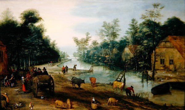 Zalesněná říční krajina v létě s cestovateli přijíždějícími do hostince (olej na panelu) od Jan the Elder (circle of) Brueghel