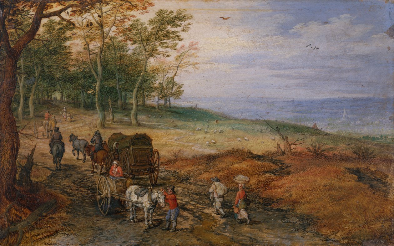 Zalesněná krajina s cestovateli (olej na mědi) od Jan the Elder Brueghel