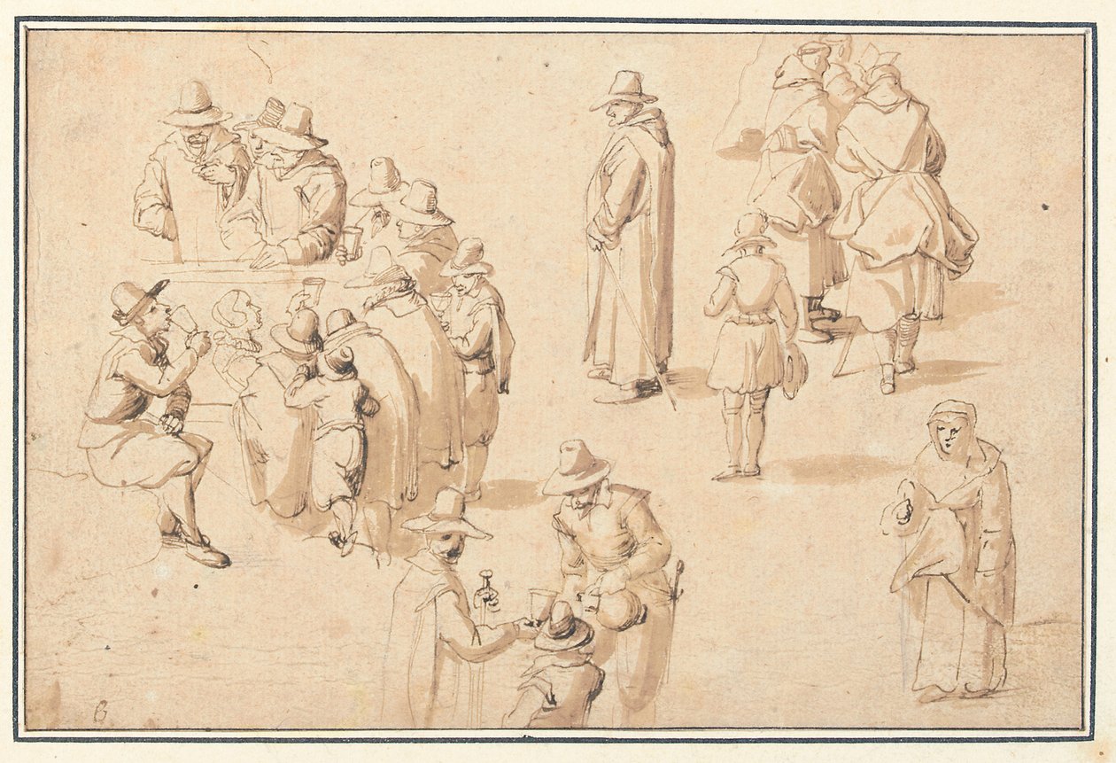 Fontána v lázních se studiemi elegantních postav beroucích vodu a dvou mnichů a kněze od Jan the Elder Brueghel