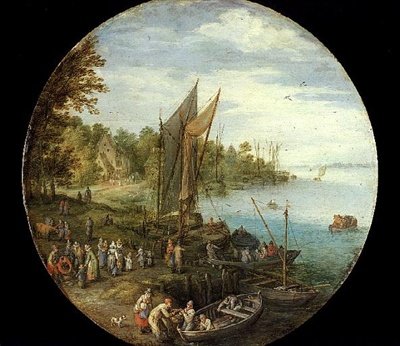 Zalesněné ústí s trajektem (olej na desce) od Jan the Elder Brueghel