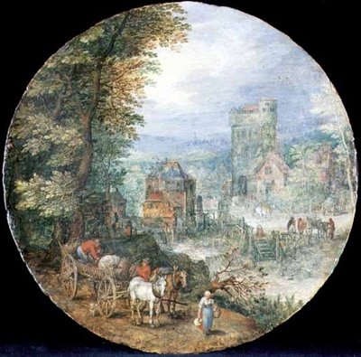 Rozsáhlá zalesněná krajina s městem, mlýnem a rolníky od Jan the Elder Brueghel