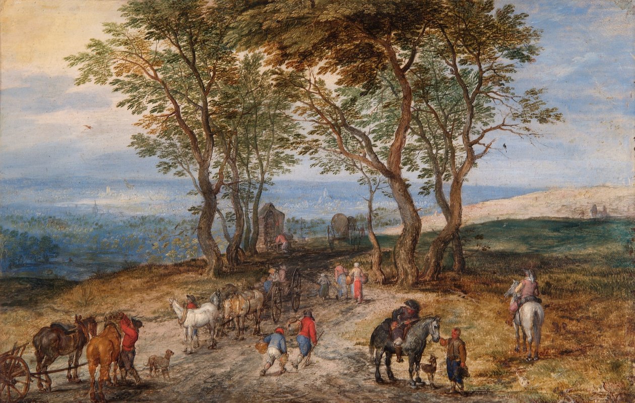 Country Road Scéna s postavami: Muž se modlí ve svatyni, kolem 1610 (olej na mědi) od Jan the Elder Brueghel
