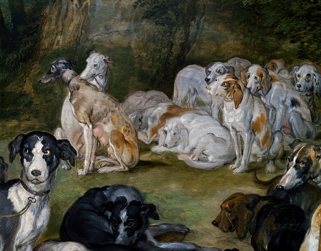 Psi, detail od Diany a Nymfy na místě odjezdu od Jan the Elder Brueghel