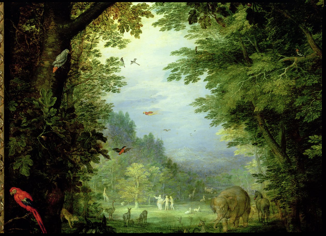 Země nebo pozemský ráj, detail Adama a Evy s Bohem a dalšími zvířaty, 1607-08 olej na měděném detailu 93899 od Jan the Elder Brueghel