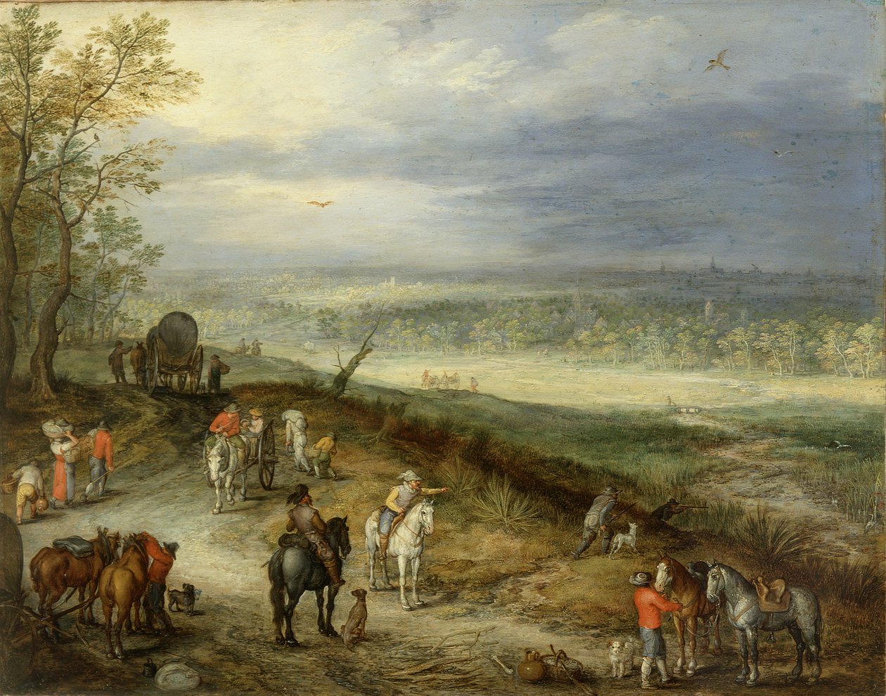Rozsáhlá krajina s pocestnými na venkovské cestě, asi 1608-10 (olej na mědi) od Jan the Elder Brueghel