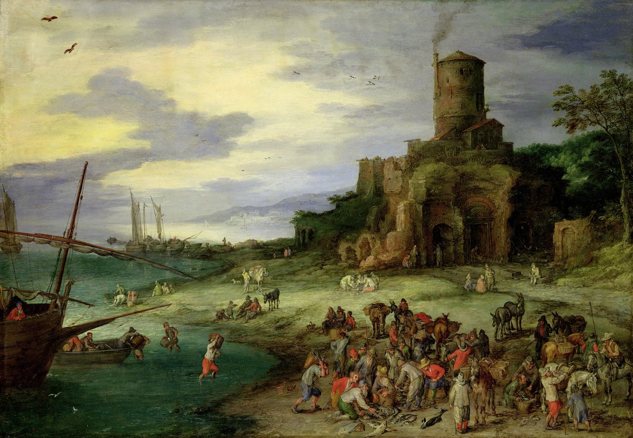 Rybáři na pobřeží od Jan the Elder Brueghel