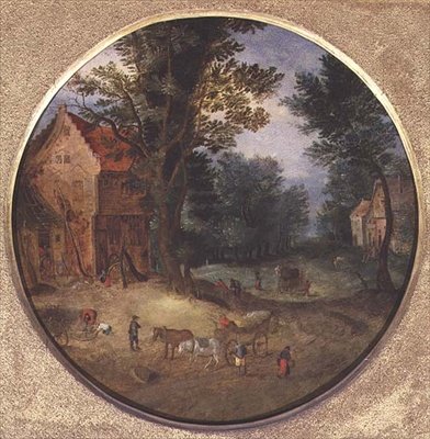 Vlámská krajina s vozíky a figurkami (tondo, panel) od Jan the Elder Brueghel
