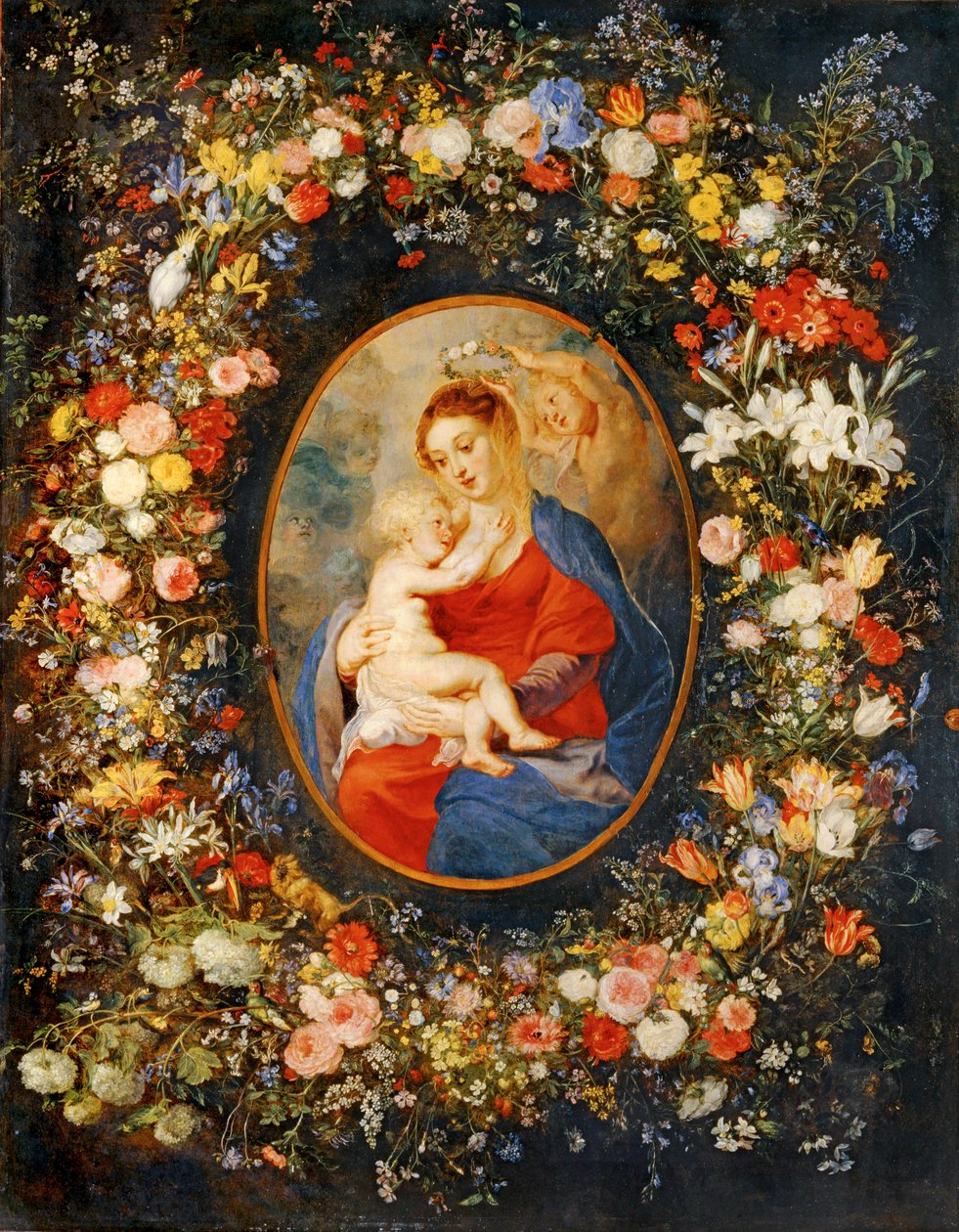 Panna Maria, Ježíšek a andělé uprostřed květinového věnce. Rubensův medailon ... od Jan the Elder Brueghel