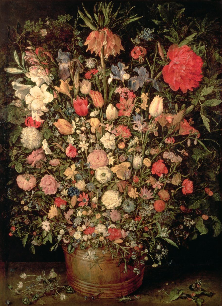 Velká kytice květin v dřevěné vaně od Jan the Elder Brueghel