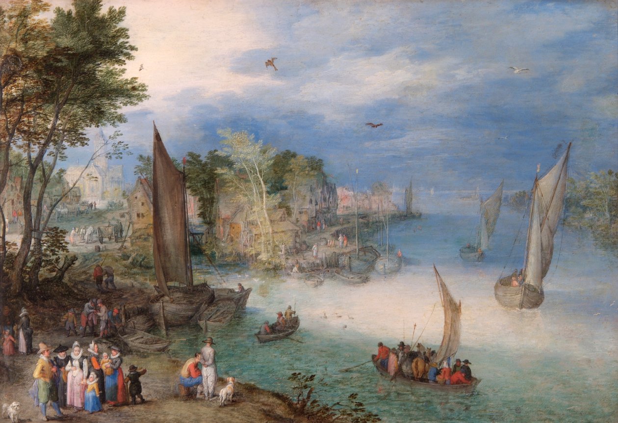 Říční scéna s čluny a postavami od Jan the Elder Brueghel