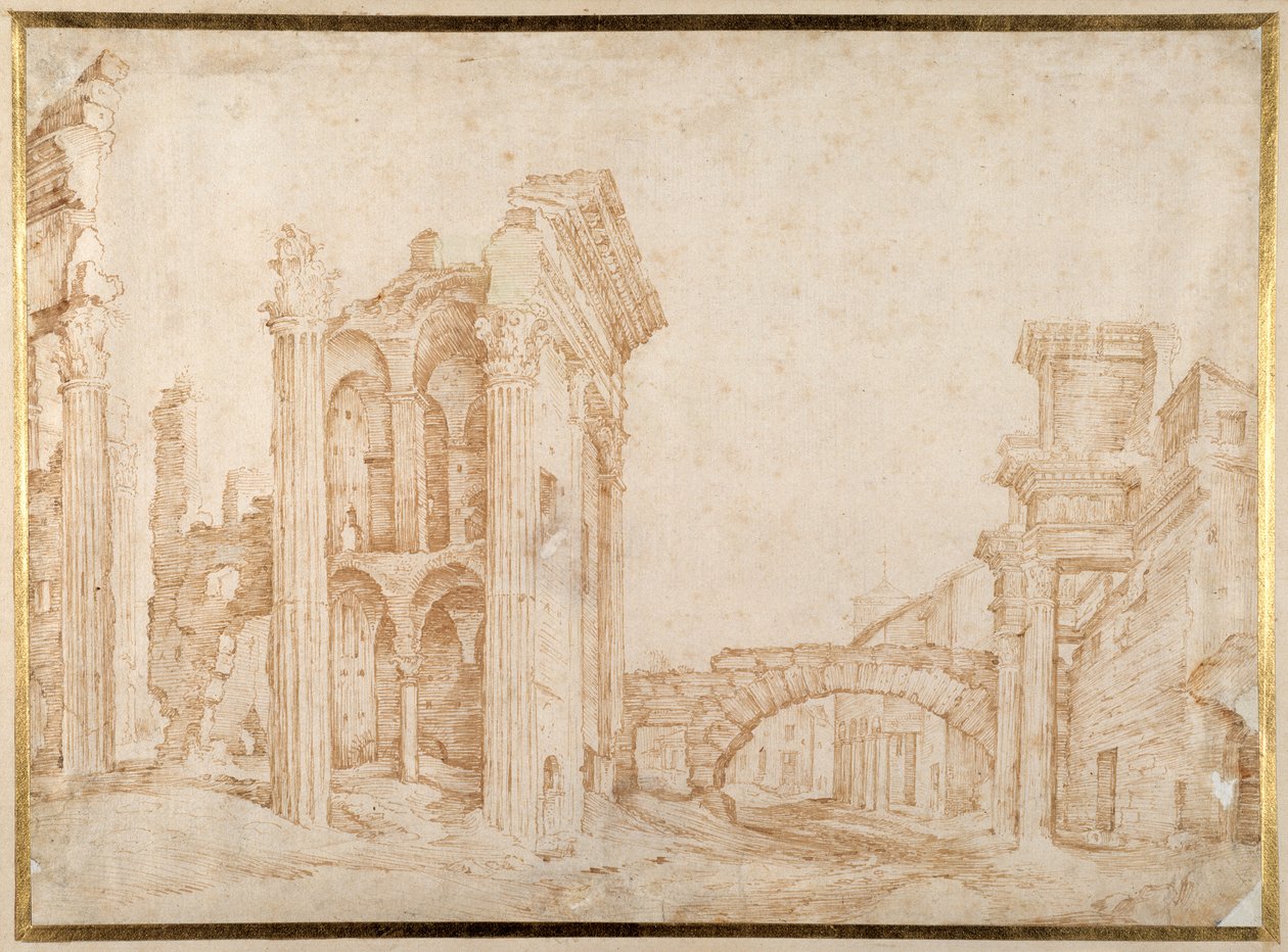 Ruiny antického fóra Nerva v Římě („Forum Transiterius“) v dálce Campanile SS. Quirico a Giuletta (pero a inkoust na papíře) od Jan the Elder Brueghel