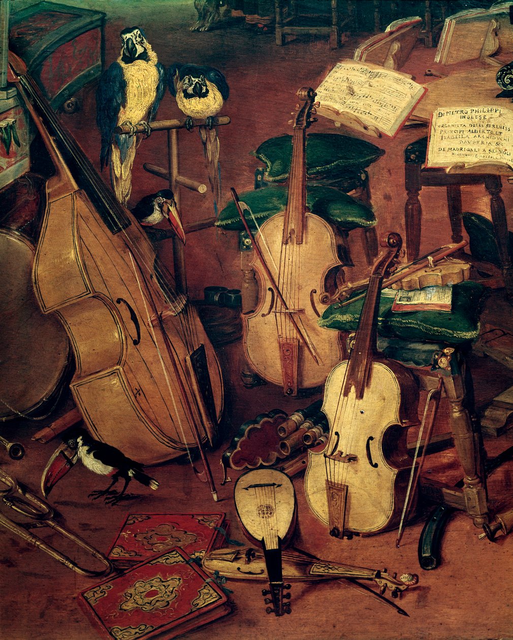 Struny a papoušci, detail Alegorie pěti smyslů (Malba od Jan the Elder Brueghel