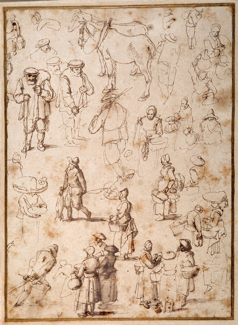 Studie rolníků ze života (pero a inkoust s mytím na papíře) od Jan the Elder Brueghel