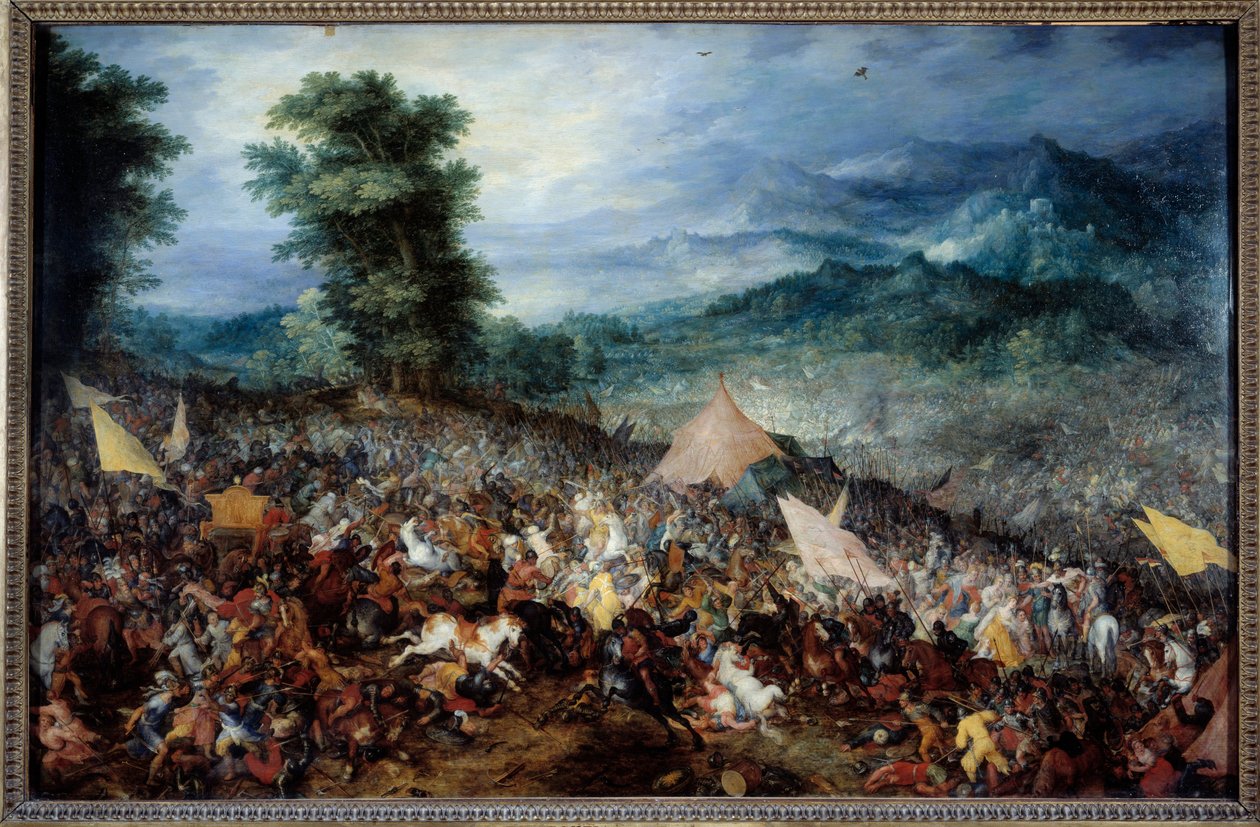 Bitva u Arbels (neboli Issos) Alexandr Veliký (356-323 př. n. l.) a jeho armáda během bitvy u Issosu, během níž makedonský král v roce 333 př. n. l. porazil Dariose (Dariuse) III., posledního krále z dynastie Rouenidů. JC. Obraz Jana Breugela Le Vieux c od Jan the Elder Brueghel