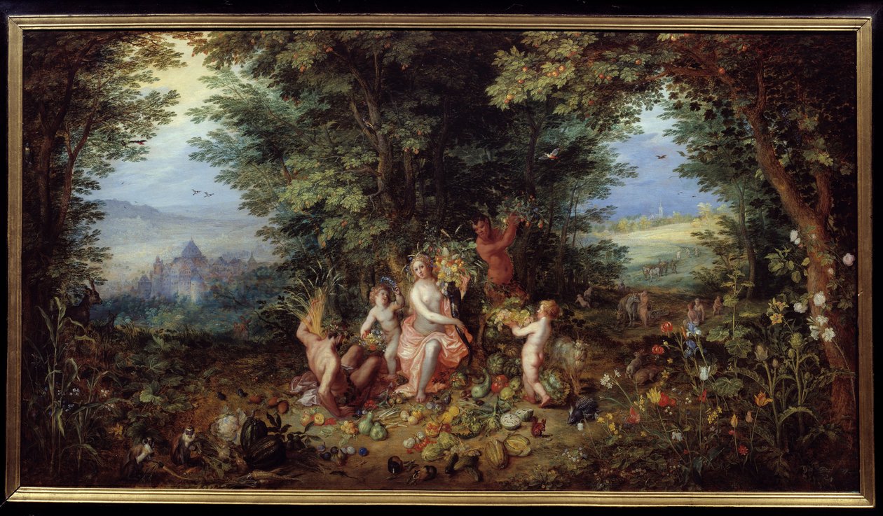 Čtyři živly: Alegorie „Země“. Pohled na zemský ráj. Obraz Jana Brueghela Le Vieux nazývá Brueghel de Velours (Brueghel nebo Brueghel od Jan the Elder Brueghel