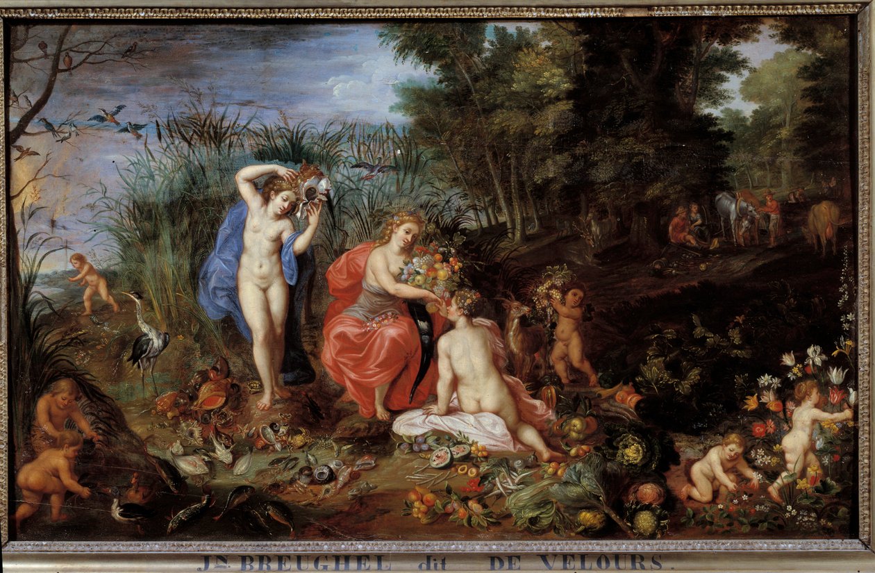 Čtyři živly Tři grácie zastoupené v lesní krajině, se zeleninou (zelí, dýně, artyčoky, mrkev, paprika), ovocem (švestky, granátová jablka, broskve), rybami, měkkýši. Obraz Jana Breugela Le Vieux nazývá Bruegela de Velours (Brueghel o od Jan the Elder Brueghel