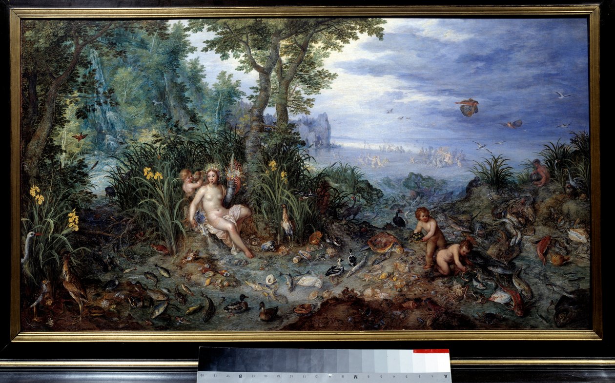 Čtyři živly: Alegorie „Voda“. Mladá žena s kachnami, rybami. Obraz Jana Brueghela Le Vieux nazývá Brueghel de Velours (Brueghel nebo Brueghel od Jan the Elder Brueghel