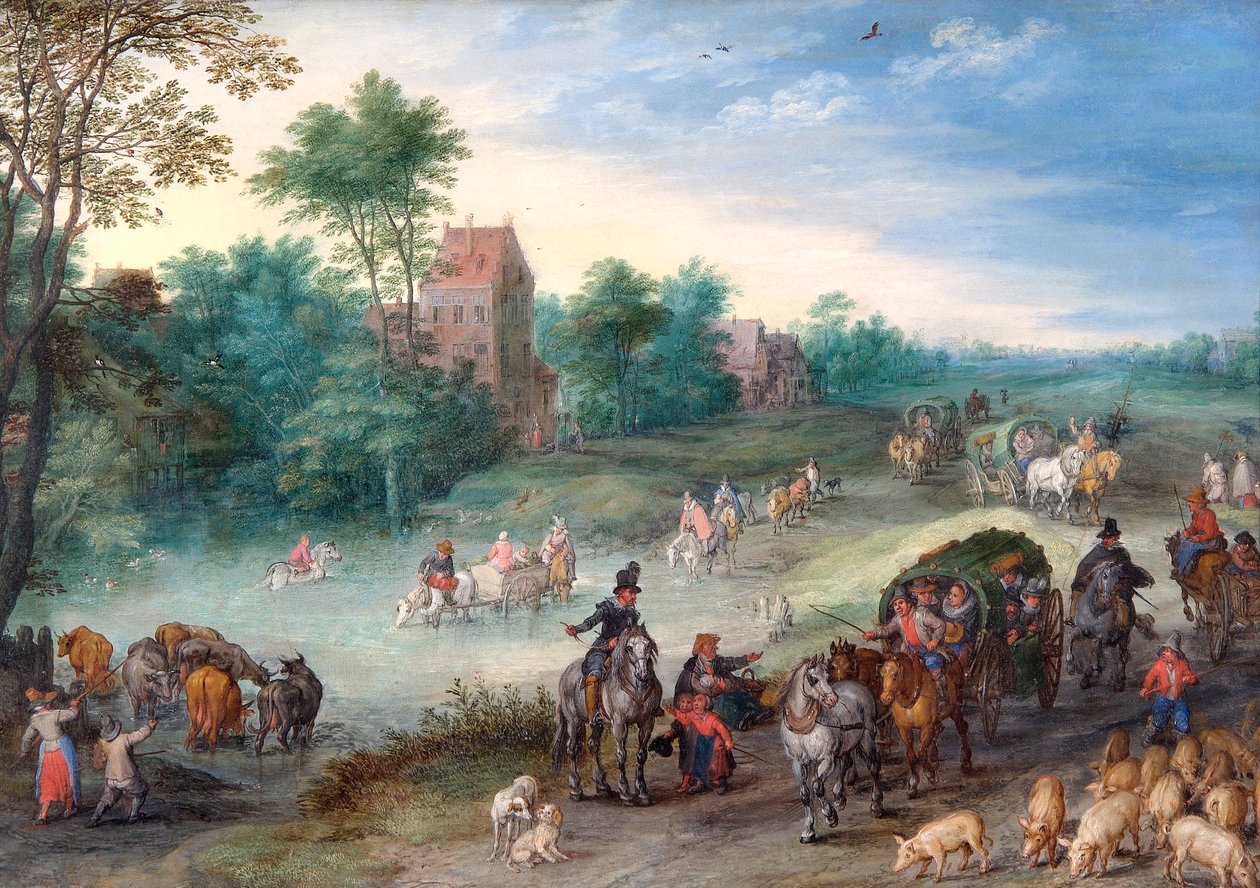 Cestovatelé na venkovské cestě s dobytkem a prasaty od Jan the Elder Brueghel