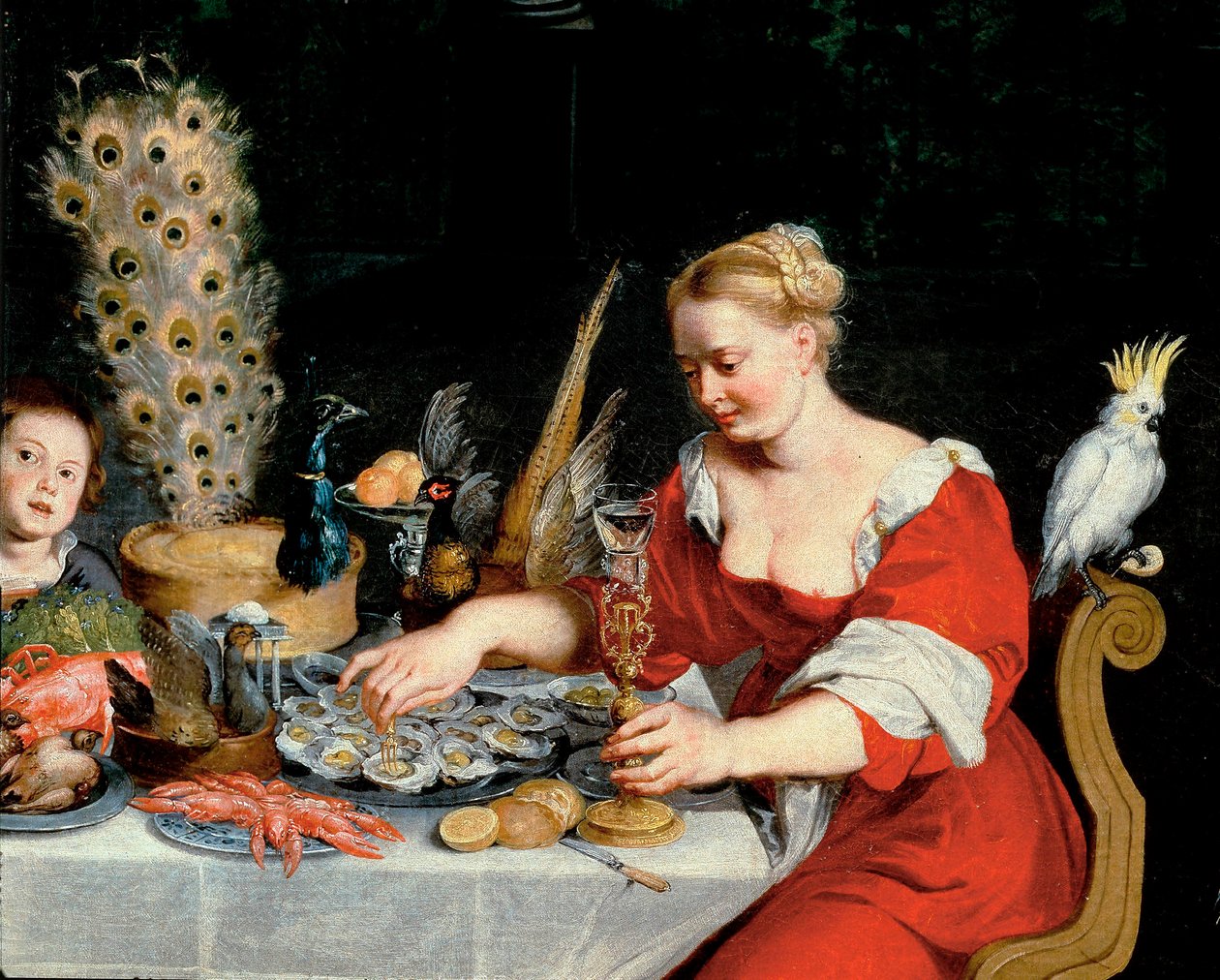 Žena jí ústřice, detail z alegorie čtyř prvků od Jan the Elder Brueghel