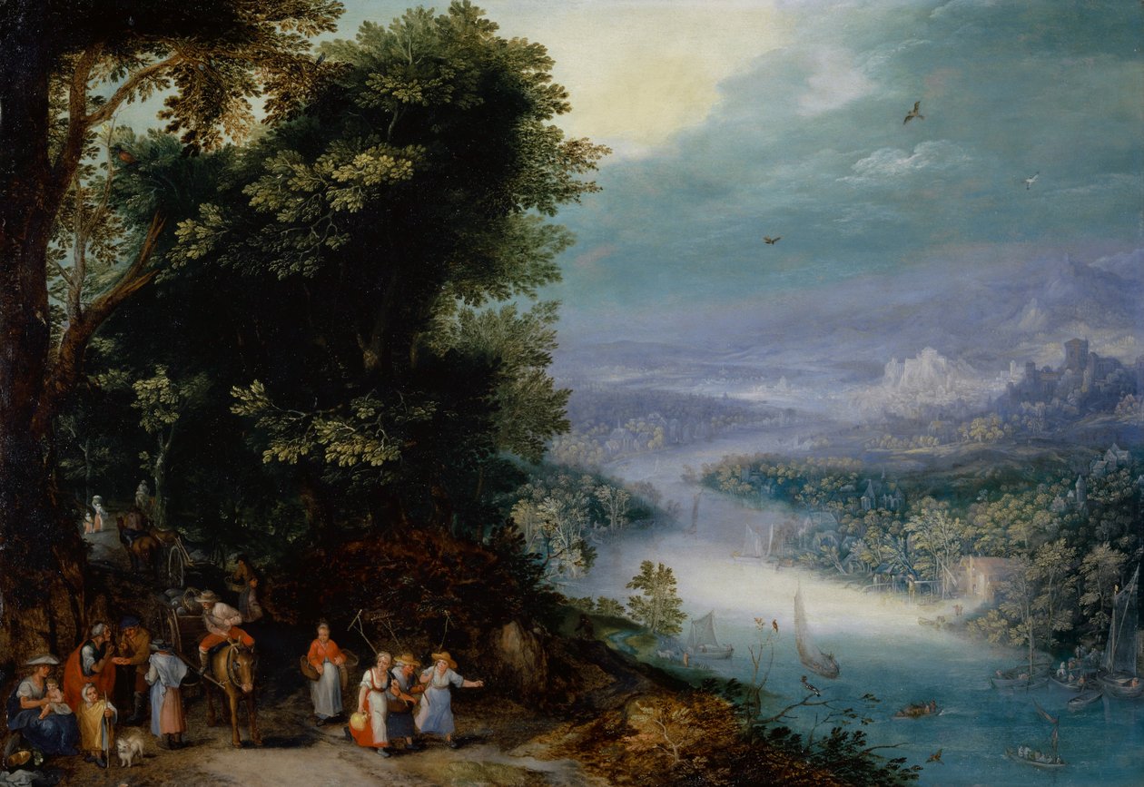 Zalesněné údolí řeky se silnicí, c.1602 od Jan the Elder Brueghel