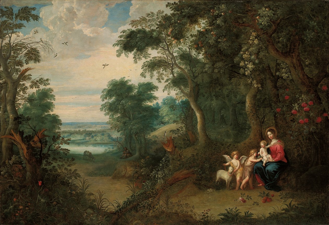 Zalesněná krajina s Pannou a Dítětem, nemluvnětem sv. Janem Křtitelem a andělem od Jan Brueghel the Younger