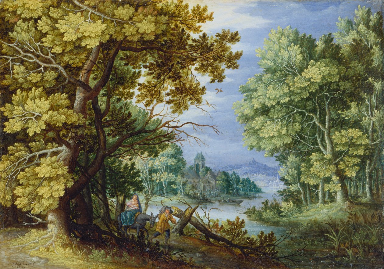 Lesní krajina s útěkem do Egypta, asi 1620 -50 (olej na mědi) od Jan the Younger Brueghel